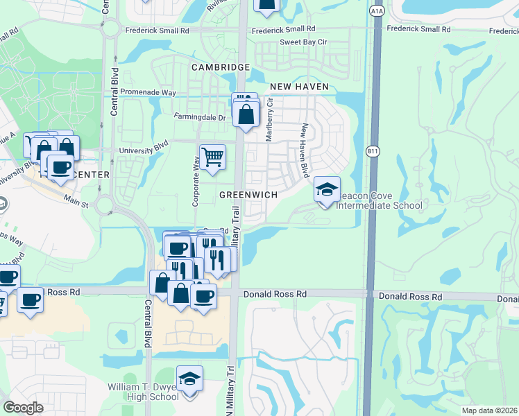 map of restaurants, bars, coffee shops, grocery stores, and more near 119 Greenwich Circle in Jupiter