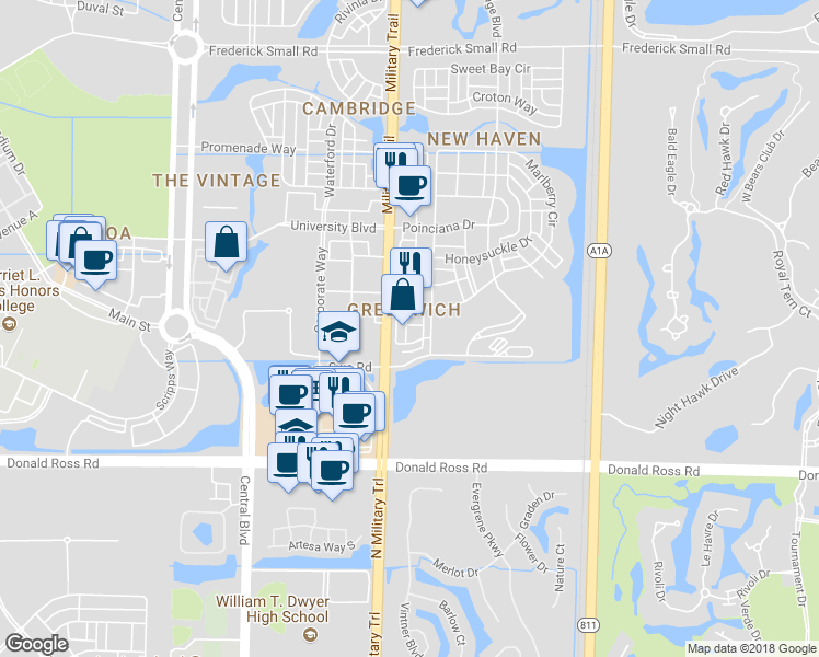 map of restaurants, bars, coffee shops, grocery stores, and more near 147 Greenwich Circle in Jupiter