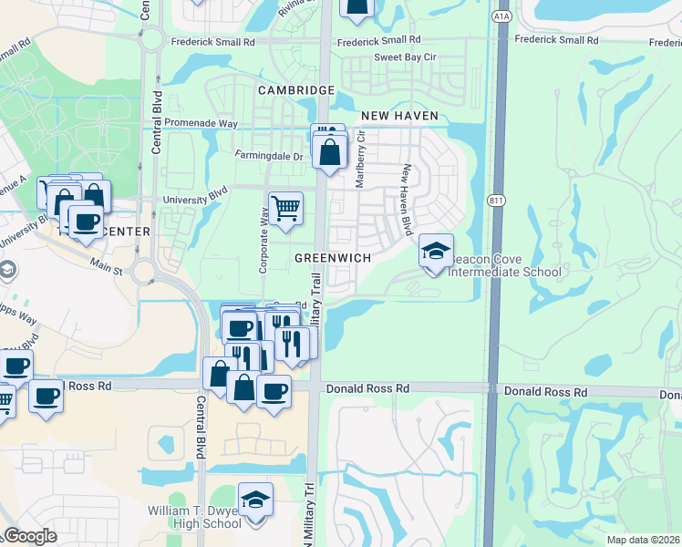 map of restaurants, bars, coffee shops, grocery stores, and more near 147 Greenwich Circle in Jupiter