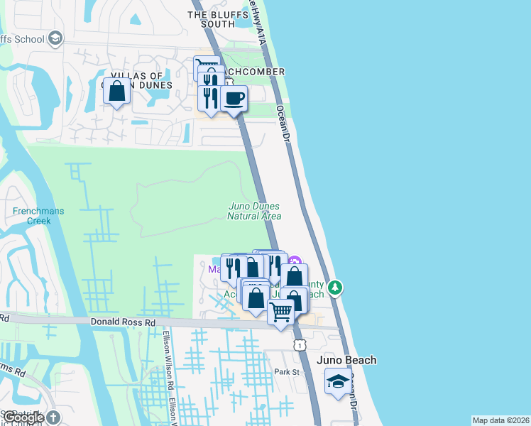 map of restaurants, bars, coffee shops, grocery stores, and more near U.S. Highway 1 in Juno Beach