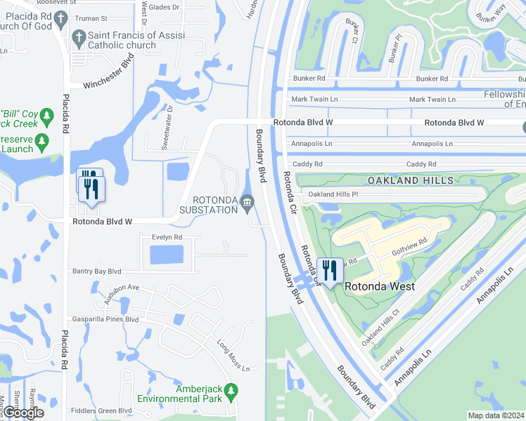 map of restaurants, bars, coffee shops, grocery stores, and more near 155 Boundary Boulevard in Rotonda West