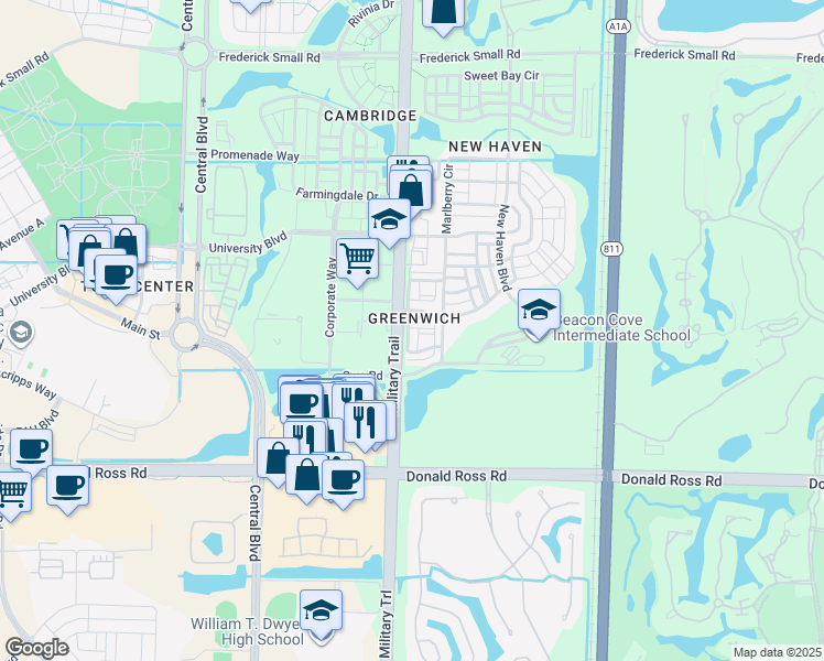 map of restaurants, bars, coffee shops, grocery stores, and more near 104 Greenwich Circle in Jupiter