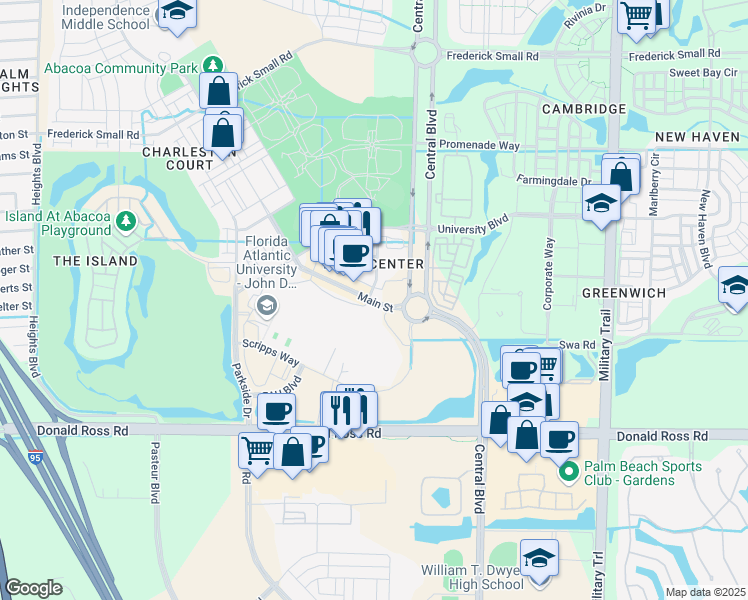 map of restaurants, bars, coffee shops, grocery stores, and more near 1145 Main Street in Jupiter