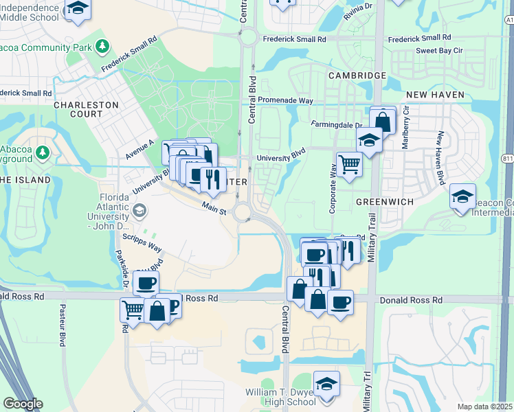 map of restaurants, bars, coffee shops, grocery stores, and more near 152 Morning Dew Circle in Jupiter