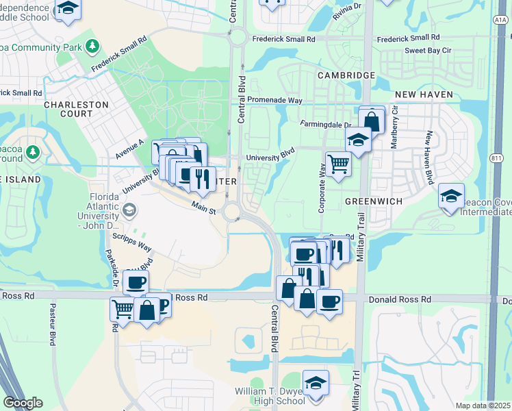 map of restaurants, bars, coffee shops, grocery stores, and more near 143 Morning Dew Circle in Jupiter