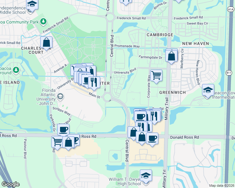 map of restaurants, bars, coffee shops, grocery stores, and more near 152 Morning Dew Circle in Jupiter
