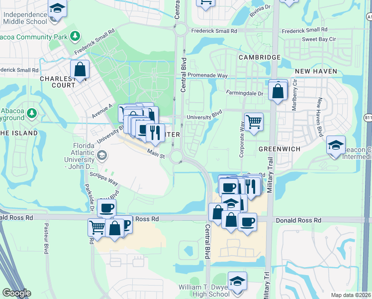 map of restaurants, bars, coffee shops, grocery stores, and more near 116 Jesup Lane in Jupiter