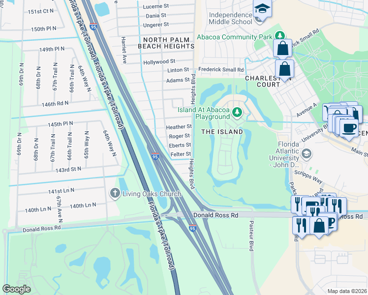map of restaurants, bars, coffee shops, grocery stores, and more near 6046 Eberts Street in Jupiter