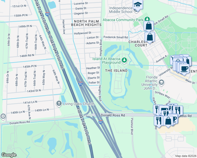 map of restaurants, bars, coffee shops, grocery stores, and more near 6028 Roger Street in Jupiter