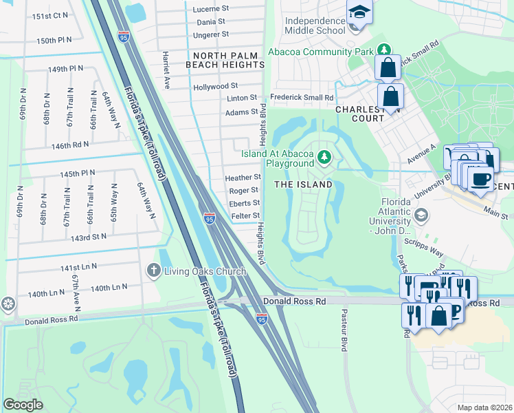 map of restaurants, bars, coffee shops, grocery stores, and more near 6030 Ebert Street in Jupiter