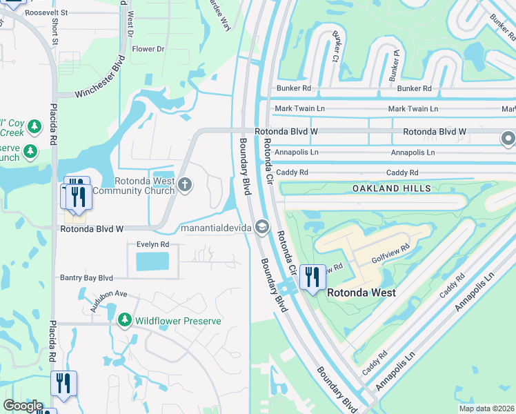 map of restaurants, bars, coffee shops, grocery stores, and more near 162 Boundary Boulevard in Rotonda West