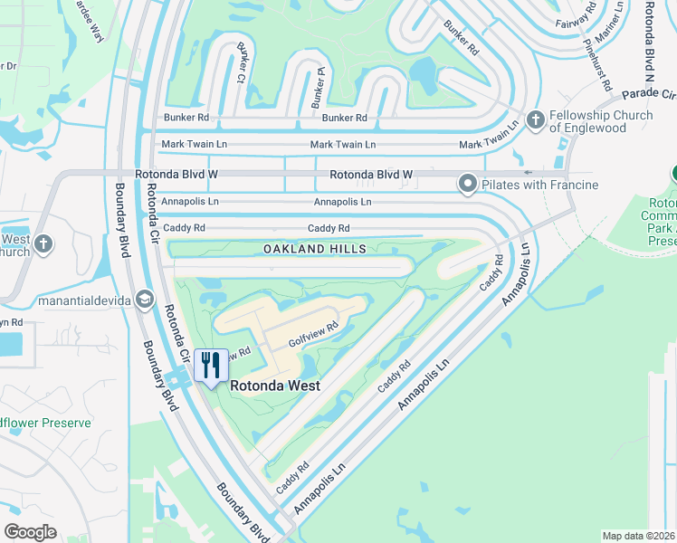 map of restaurants, bars, coffee shops, grocery stores, and more near 66 Oakland Hills Place in Rotonda West
