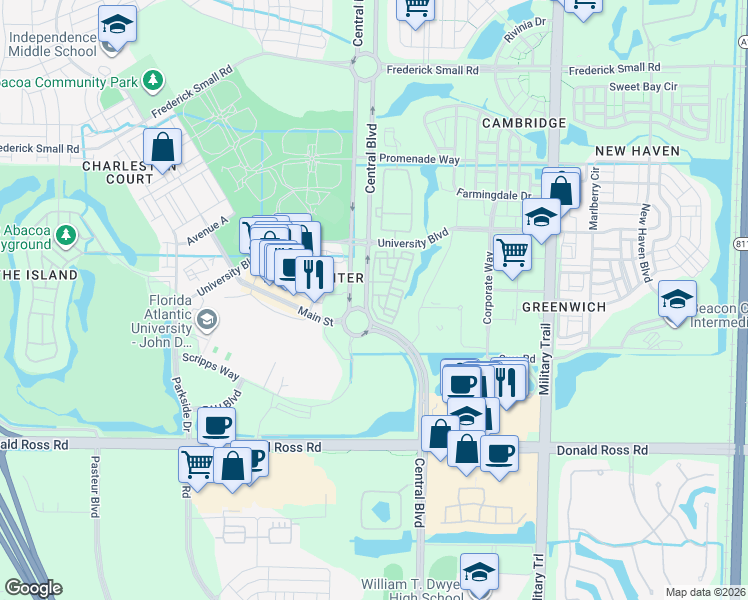 map of restaurants, bars, coffee shops, grocery stores, and more near 112 Osceola Lane in Jupiter