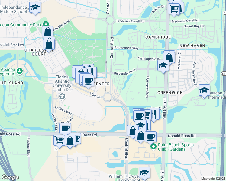 map of restaurants, bars, coffee shops, grocery stores, and more near 112 Osceola Lane in Jupiter