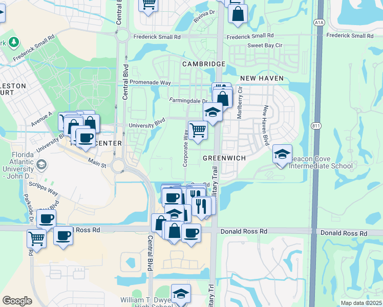 map of restaurants, bars, coffee shops, grocery stores, and more near 600 Heritage Drive in Jupiter