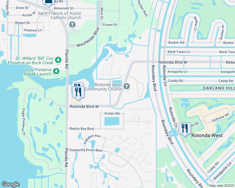 map of restaurants, bars, coffee shops, grocery stores, and more near 550 Rotonda Boulevard West in Rotonda West