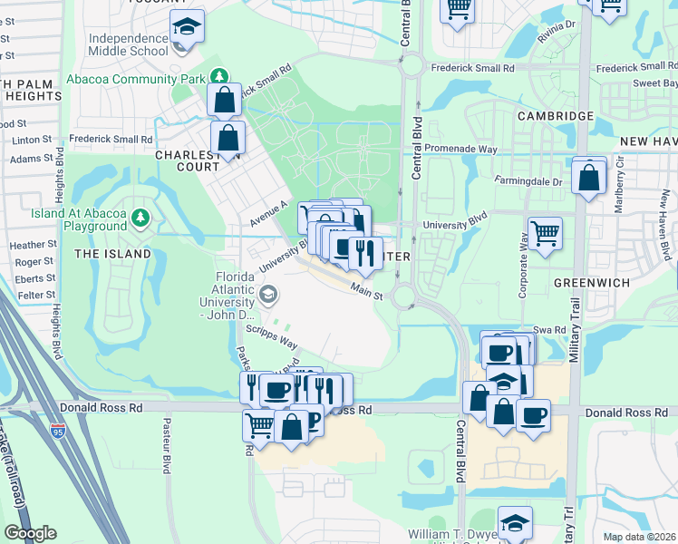 map of restaurants, bars, coffee shops, grocery stores, and more near 104 Main Street in Jupiter