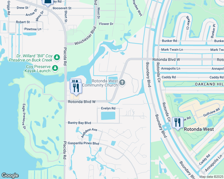 map of restaurants, bars, coffee shops, grocery stores, and more near 550 Rotonda Boulevard West in Rotonda West