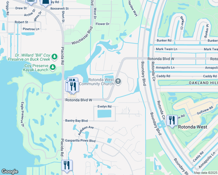 map of restaurants, bars, coffee shops, grocery stores, and more near 550 Rotonda Boulevard West in Rotonda West