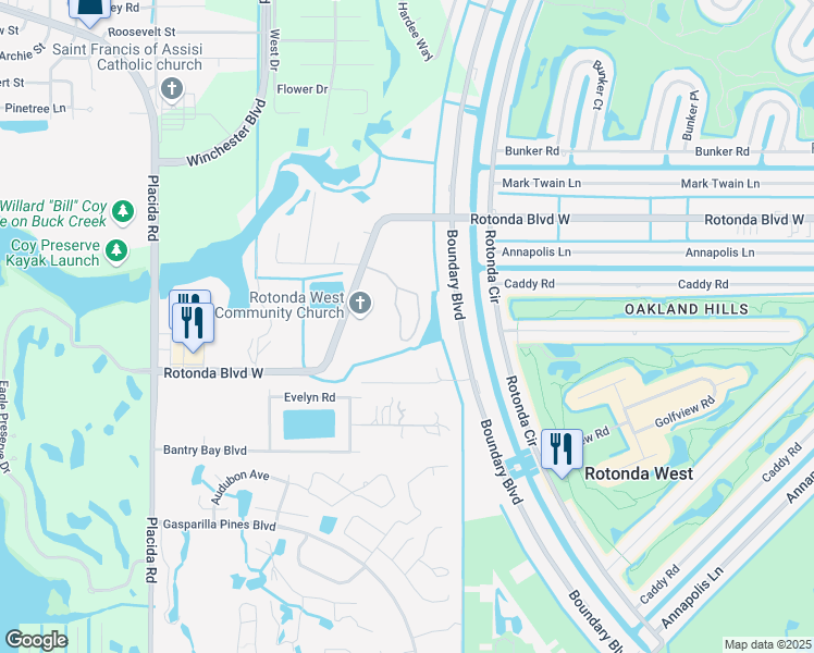 map of restaurants, bars, coffee shops, grocery stores, and more near 104 Rotonda Lakes Circle in Rotonda West