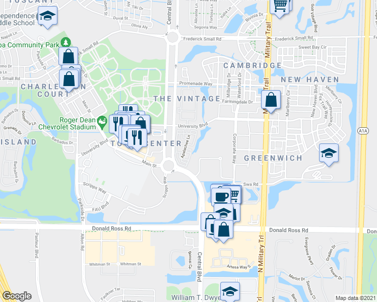 map of restaurants, bars, coffee shops, grocery stores, and more near 108 Morning Dew Circle in Jupiter