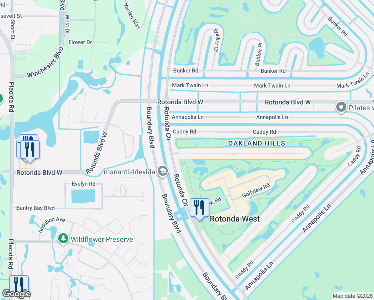 map of restaurants, bars, coffee shops, grocery stores, and more near 6 Oakland Hills Place in Rotonda West