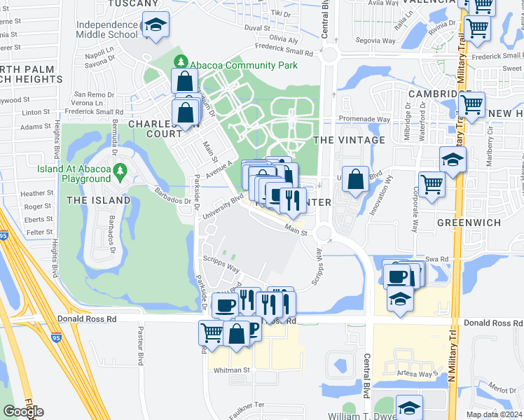 map of restaurants, bars, coffee shops, grocery stores, and more near 104 Main Street in Jupiter