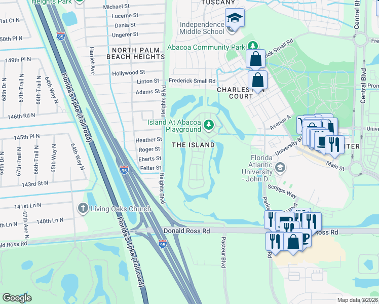 map of restaurants, bars, coffee shops, grocery stores, and more near 196 Barbados Drive in Jupiter