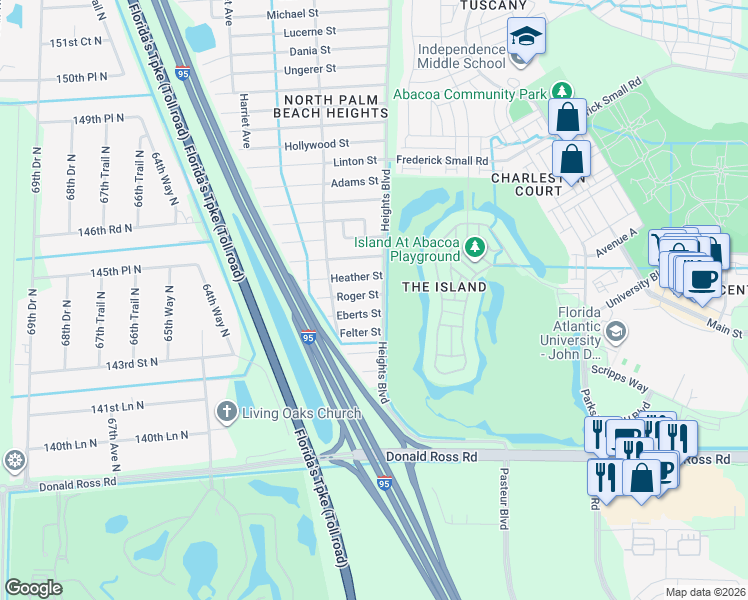 map of restaurants, bars, coffee shops, grocery stores, and more near 6028 Roger Street in Jupiter