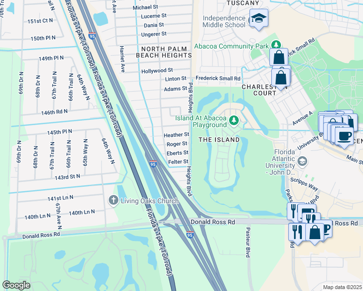 map of restaurants, bars, coffee shops, grocery stores, and more near 6042 Roger Street in Jupiter