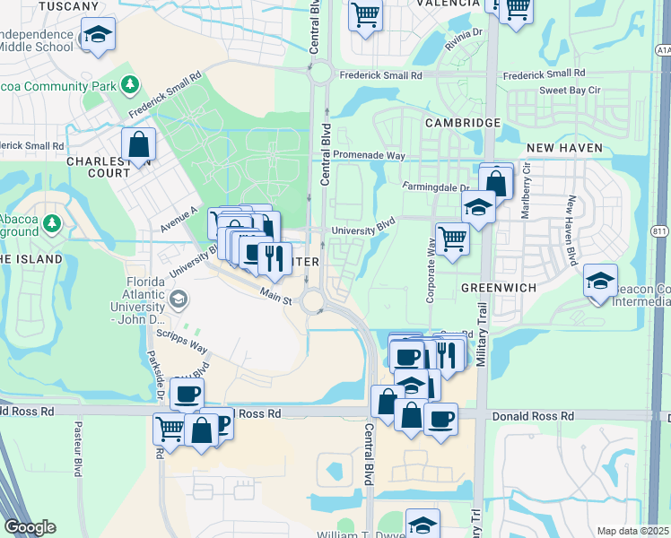 map of restaurants, bars, coffee shops, grocery stores, and more near 112 Osceola Lane in Jupiter