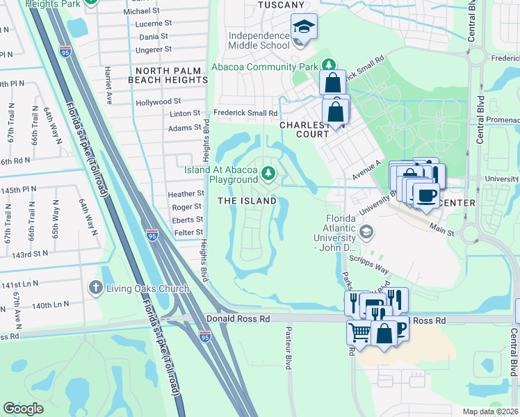 map of restaurants, bars, coffee shops, grocery stores, and more near 289 Barbados Drive in Jupiter