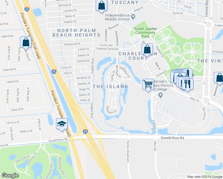 map of restaurants, bars, coffee shops, grocery stores, and more near 196 Barbados Drive in Jupiter