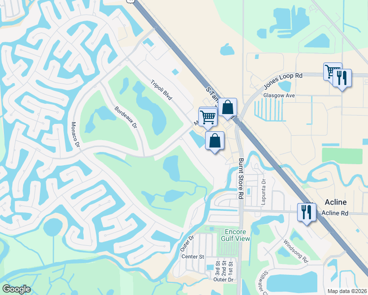 map of restaurants, bars, coffee shops, grocery stores, and more near 241 Madrid Boulevard in Punta Gorda