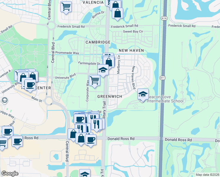map of restaurants, bars, coffee shops, grocery stores, and more near 425 Greenwich Circle in Jupiter