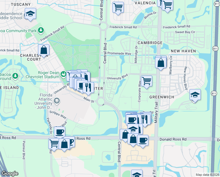map of restaurants, bars, coffee shops, grocery stores, and more near 112 Osceola Lane in Jupiter