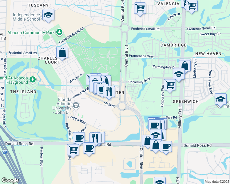 map of restaurants, bars, coffee shops, grocery stores, and more near 4812 Central Boulevard in Jupiter