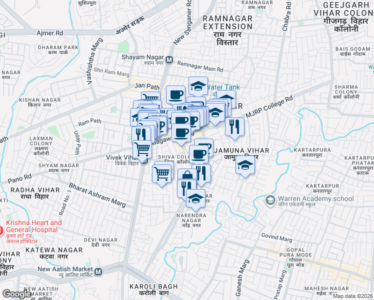 map of restaurants, bars, coffee shops, grocery stores, and more near Swage Farm Road in Jaipur