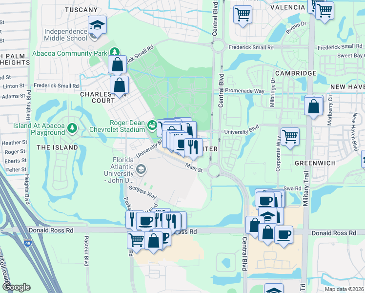 map of restaurants, bars, coffee shops, grocery stores, and more near 1150 Town Center Drive in Jupiter