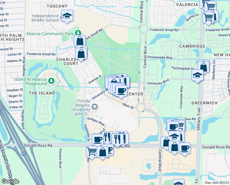 map of restaurants, bars, coffee shops, grocery stores, and more near 104 Main Street in Jupiter