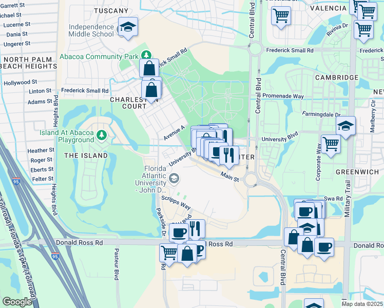 map of restaurants, bars, coffee shops, grocery stores, and more near 1267 Main Street in Jupiter