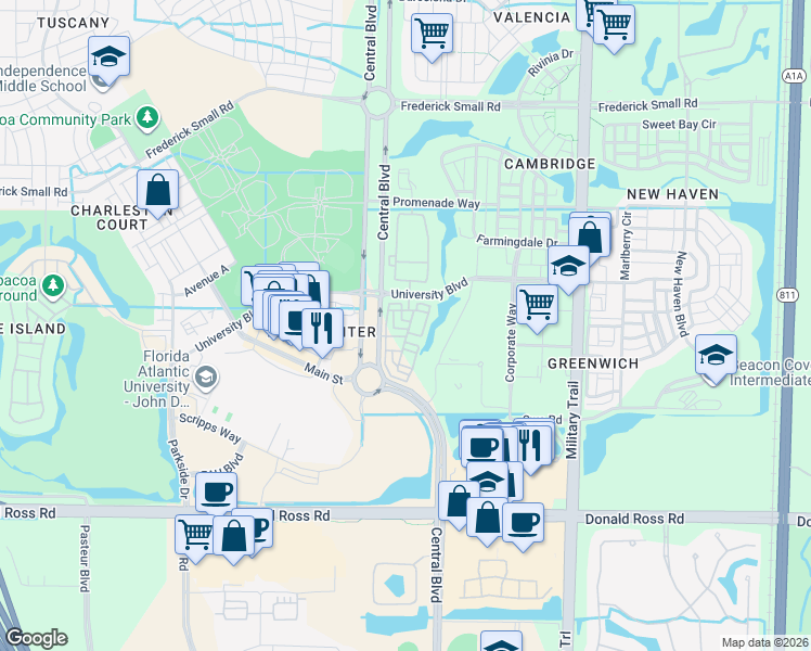 map of restaurants, bars, coffee shops, grocery stores, and more near 124 Powell Lane in Jupiter