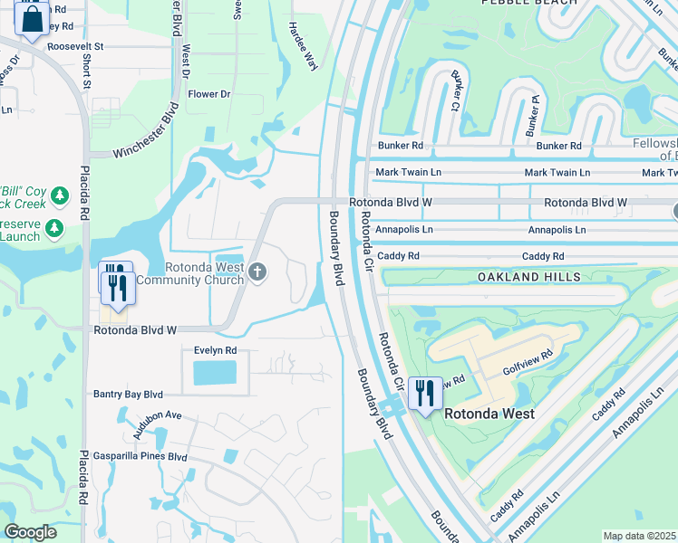 map of restaurants, bars, coffee shops, grocery stores, and more near 163 Boundary Boulevard in Rotonda West