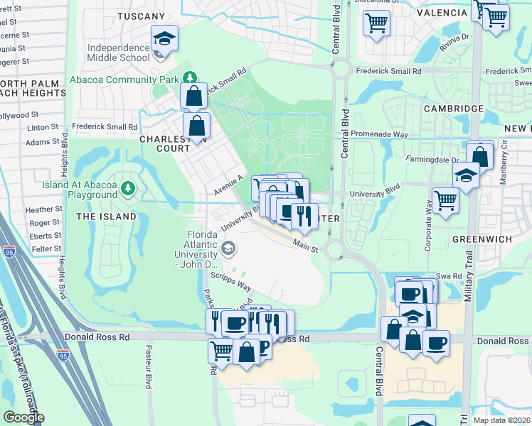 map of restaurants, bars, coffee shops, grocery stores, and more near 1267 Main Street in Jupiter