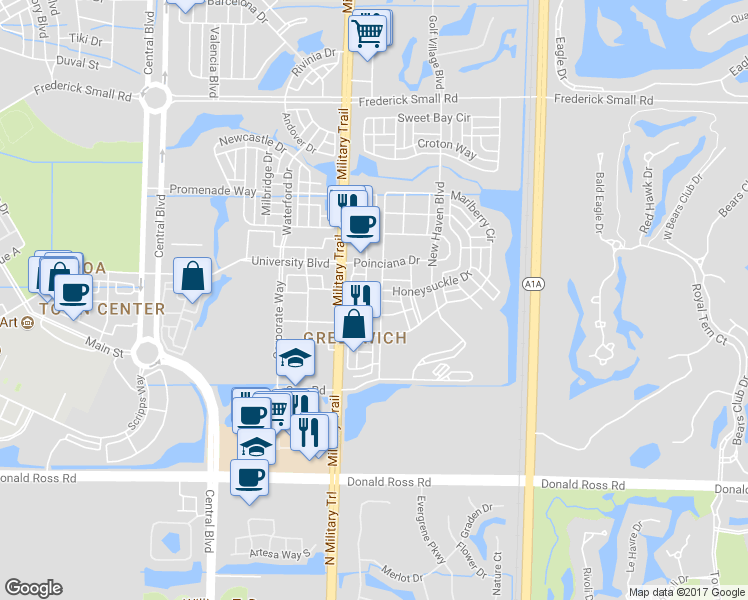 map of restaurants, bars, coffee shops, grocery stores, and more near 111 Cat Rock Lane in Jupiter