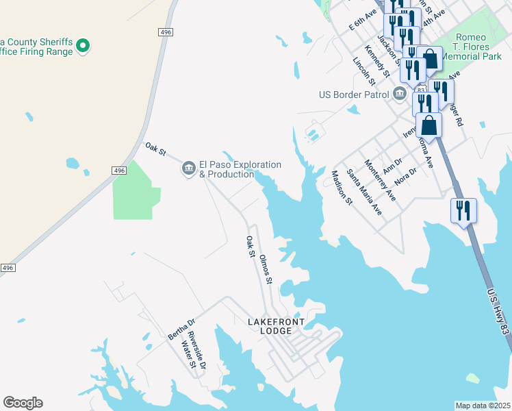 map of restaurants, bars, coffee shops, grocery stores, and more near 115 Overview Drive in Zapata