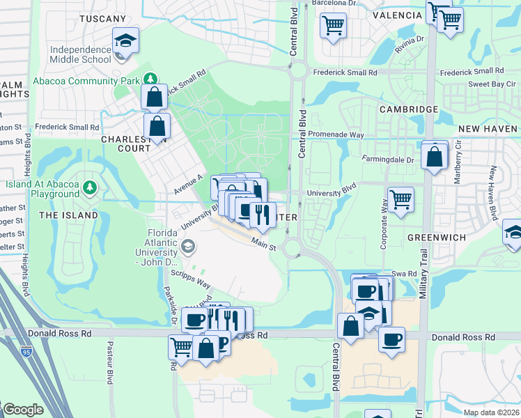 map of restaurants, bars, coffee shops, grocery stores, and more near 4772 Chancellor Drive in Jupiter