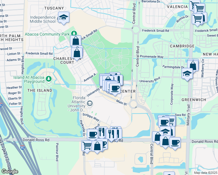 map of restaurants, bars, coffee shops, grocery stores, and more near 1203 Town Center Drive in Jupiter
