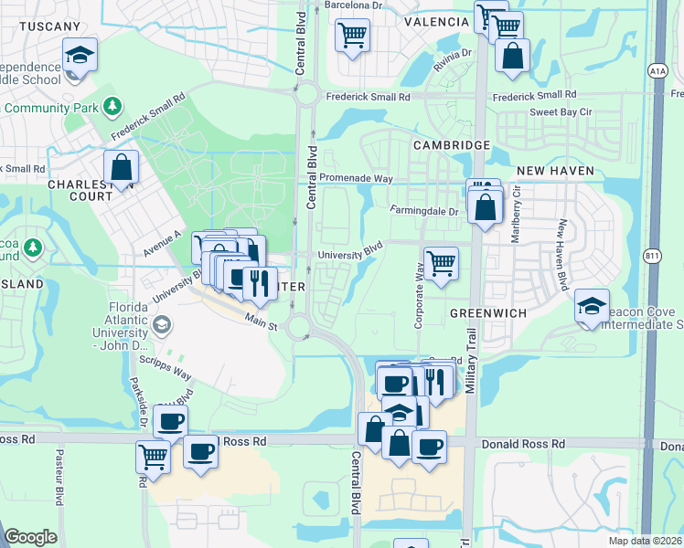 map of restaurants, bars, coffee shops, grocery stores, and more near 106 East Indian Crossing Circle in Jupiter