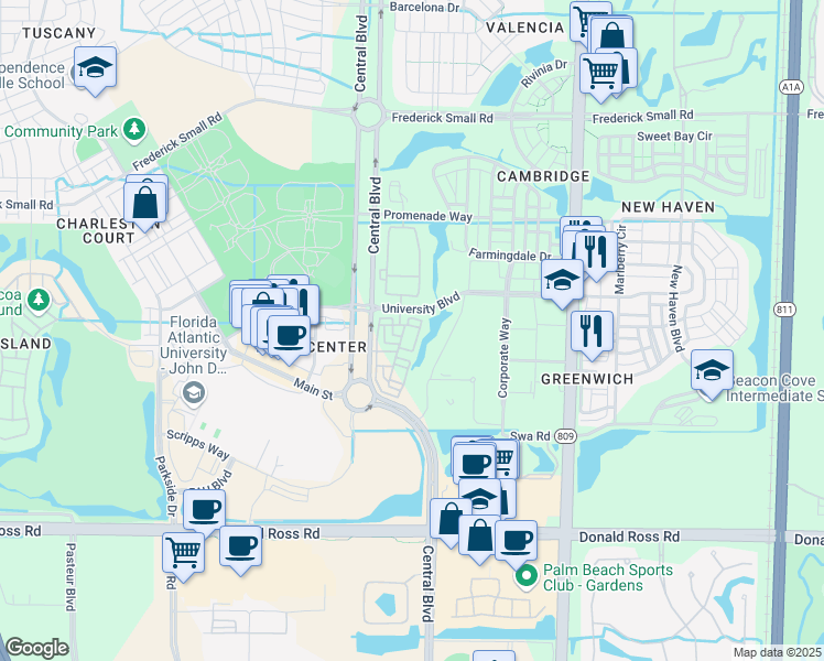 map of restaurants, bars, coffee shops, grocery stores, and more near 802 University Boulevard in Jupiter